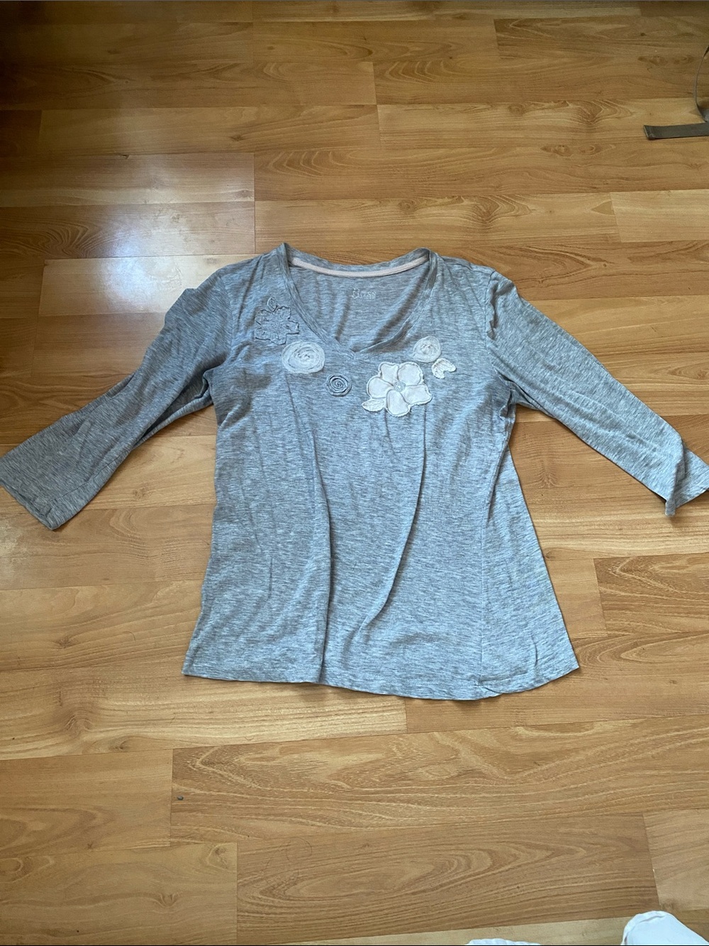 Boss Heather Gray Floral Appliqué Scoop Neck Long Sleeve Top